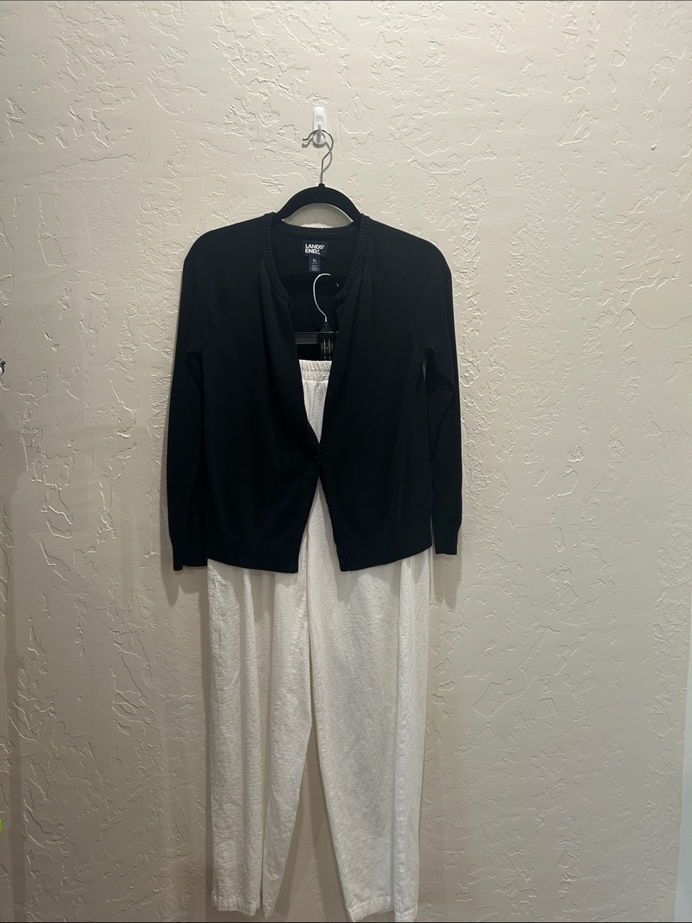 Lands' End Black Open-Front Cardigan with White Textured Pants